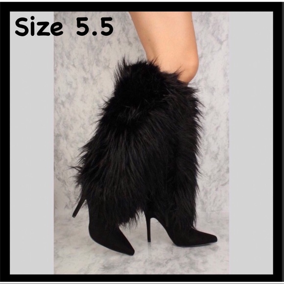 Cape Robbin Shoes - Black Faux Fur Pointy Toe Knee High Boots